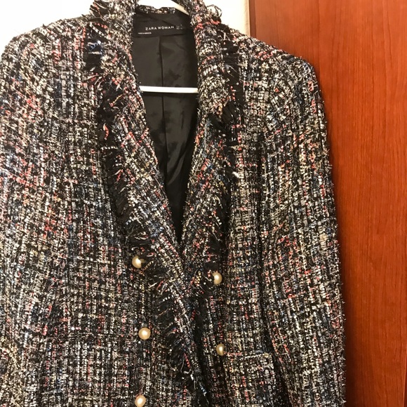 Womens Designer Inspired Pearl Button Tweed Multi-Color Jacket Coat Blazer
